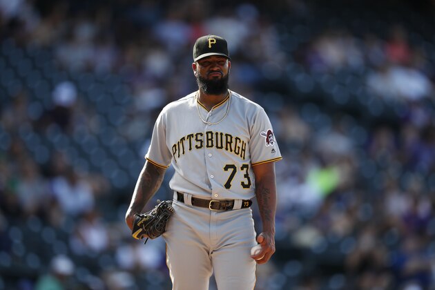 Pittsburgh Pirates relief pitcher Felipe Vazquez (73) in the ninth inning of a baseball game Sunday, Sept. 1, 2019, in Denver. Pittsburgh won 6-2. (AP Photo/David Zalubowski)