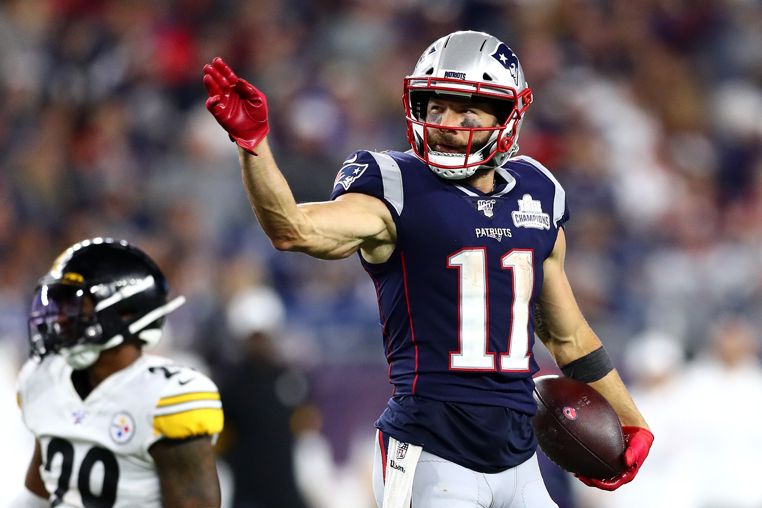 FOXBOROUGH, MASSACHUSETTS - SEPTEMBER 08: Julian Edelman #11 of the New England Patriots gestures during the second half against the Pittsburgh Steelers at Gillette Stadium on September 08, 2019 in Foxborough, Massachusetts. (Photo by Adam Glanzman/Getty Images)