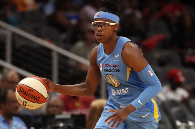 Chicago Sky guard Diamond DeShields (1) brings the ball up the court in the second half of a WNBA basketball game against the Atlanta Dream Tuesday, Aug. 20, 2019, in Atlanta. (AP Photo/John Bazemore)