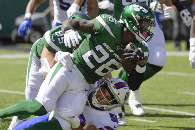 Buffalo Bills' Matt Milano (58) tackles New York Jets' Le'Veon Bell (26) during the first half of an NFL football game Sunday, Sept. 8, 2019, in East Rutherford, N.J. (AP Photo/Bill Kostroun)