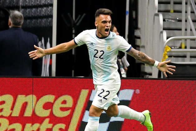 SAN ANTONIO, TX - SEPTEMBER 10: Lautaro Martinez #22 of Argentina celebrates after scoring a goal against Mexico during the International Friendly soccer match at the Alamodome on September 10, 2019 in San Antonio, Texas. (Photo by Edward A. Ornelas/Getty Images)