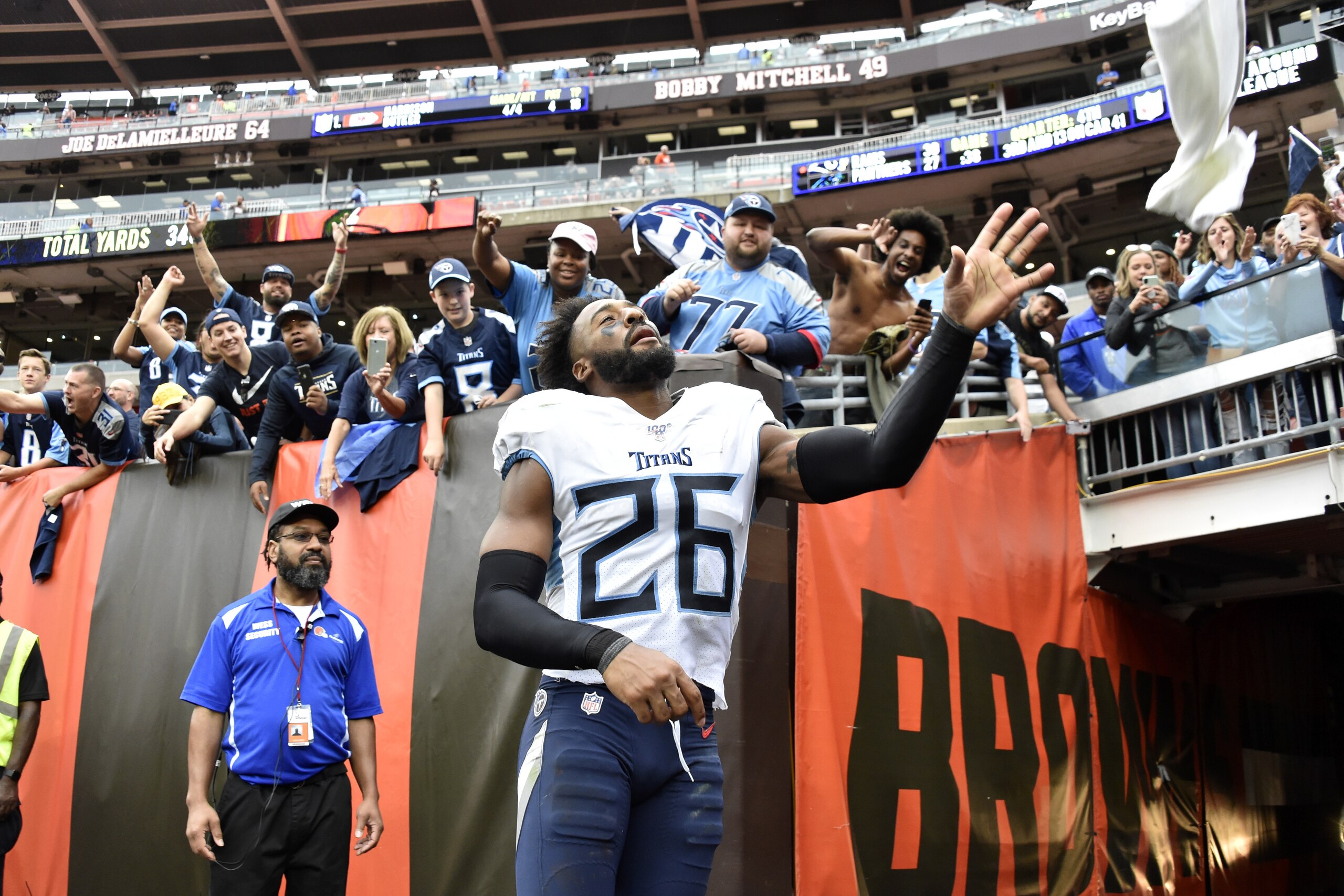 CLEVELAND, OHIO - SEPTEMBER 08: Cornerback Logan Ryan #26 of the Tennessee Titans celebrates after the Titans defeated the Cleveland Indians at FirstEnergy Stadium on September 08, 2019 in Cleveland, Ohio. The Titans defeated the Browns 43-13.  (Photo by Jason Miller/Getty Images)