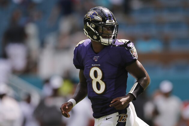 MIAMI, FLORIDA - SEPTEMBER 08:  Lamar Jackson #8 of the Baltimore Ravens in action against the Miami Dolphins at Hard Rock Stadium on September 08, 2019 in Miami, Florida. (Photo by Michael Reaves/Getty Images)