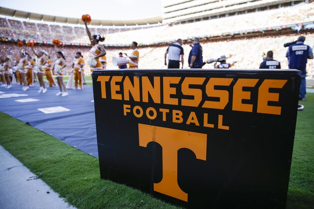 KNOXVILLE, TENNESSEE - AUGUST 31: A block with the Tennessee Volunteers logo on the sideline during the third quarter of the season opener at Neyland Stadium on August 31, 2019 in Knoxville, Tennessee. (Photo by Silas Walker/Getty Images)