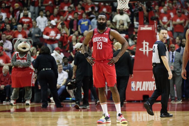 Houston Rockets guard James Harden (13) stands on the court during the final seconds of Game 6 of the team's second-round NBA basketball playoff series against the Golden State Warriors, Friday, May 10, 2019, in Houston. Golden State won 118-113, winning the series. (AP Photo/Eric Gay) Houston Rockets guard James Harden (13) stands on the court during the final seconds of Game 6 of the team's second-round NBA basketball playoff series against the Golden State Warriors, Friday, May 10, 2019, in Houston. Golden State won 118-113, winning the series. (AP Photo/Eric Gay)