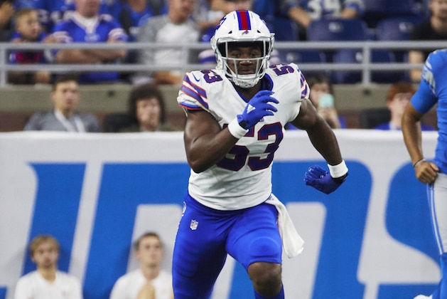Buffalo Bills linebacker Tyrel Dodson (53) against the Detroit Lions during an NFL preseason football game in Detroit, Friday, Aug. 23, 2019. (AP Photo/Rick Osentoski)
