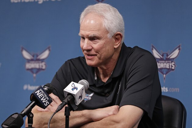 Charlotte Hornets general manager Mitch Kupchak speaks to the media during a news conference for the NBA basketball team in Charlotte, N.C., Friday, April 12, 2019. (AP Photo/Chuck Burton)