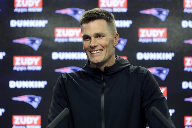 New England Patriots quarterback Tom Brady takes questions from reporters following an NFL football practice, Wednesday, Sept. 11, 2019, in Foxborough, Mass. (AP Photo/Steven Senne)