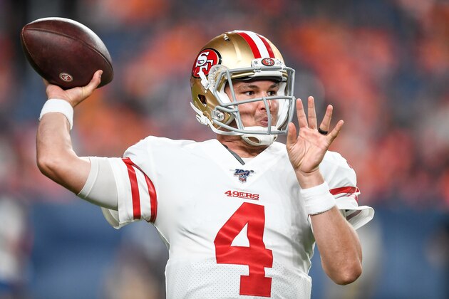 DENVER, CO - AUGUST 19:  Quarterback Nick Mullens #4 of the San Francisco 49ers warms up before coming into the game in the fourth quarter during a preseason National Football League game against the Denver Broncos at Broncos Stadium at Mile High on August 19, 2019 in Denver, Colorado. (Photo by Dustin Bradford/Getty Images)