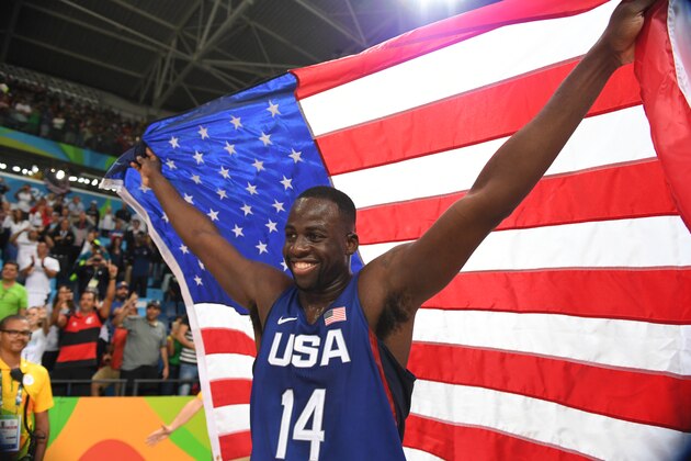 RIO DE JANEIRO, BRAZIL - AUGUST 21:  Draymond Green #14 of the USA Basketball Men's National Team celebrates after winning the Gold Medal Game against Serbia on Day 16 of the Rio 2016 Olympic Games at Carioca Arena 1 on August 21, 2016 in Rio de Janeiro, Brazil. NOTE TO USER: User expressly acknowledges and agrees that, by downloading and/or using this Photograph, user is consenting to the terms and conditions of the Getty Images License Agreement. Mandatory Copyright Notice: Copyright 2016 NBAE (Photo by Jesse D. Garrabrant/NBAE via Getty Images)