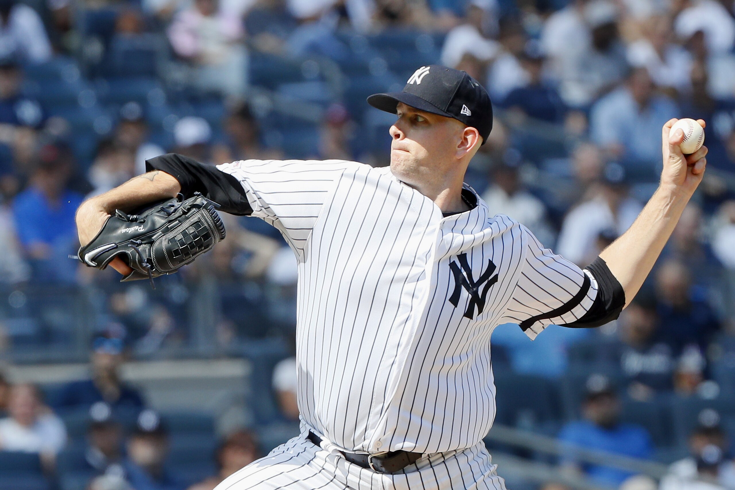 NEW YORK, NY - AUGUST 17: Pitcher James Paxton #65 of the New York Yankees pitches in an MLB baseball game against the Cleveland Indians at Yankee Stadium in the Bronx borough of New York City on August 17, 2019. Yankees won 6-5. (Photo by Paul Bereswill/Getty Images) NEW YORK, NY - AUGUST 17: Pitcher James Paxton #65 of the New York Yankees pitches in an MLB baseball game against the Cleveland Indians at Yankee Stadium in the Bronx borough of New York City on August 17, 2019. Yankees won 6-5. (Photo by Paul Bereswill/Getty Images)