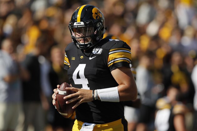 Iowa quarterback Nate Stanley warms up before the first half of an NCAA college football game against Rutgers, Saturday, Sept. 7, 2019, in Iowa City. (AP Photo/Matthew Putney)