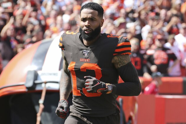 FILE - In this Sunday, Sept. 8, 2019, file photo, Cleveland Browns wide receiver Odell Beckham Jr. is introduced as he runs out on the field before an NFL football game against the Tennessee Titans, in Cleveland. Odell Beckham Jr. says former Browns defensive coordinator Gregg Williams instructed his players to