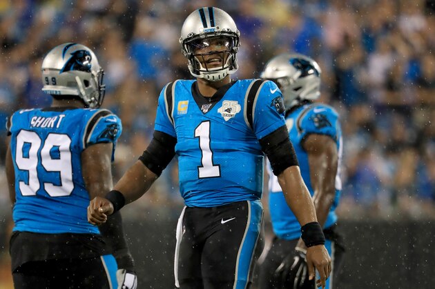 CHARLOTTE, NORTH CAROLINA - SEPTEMBER 12: Cam Newton #1 of the Carolina Panthers watches on against the Tampa Bay Buccaneers during their game at Bank of America Stadium on September 12, 2019 in Charlotte, North Carolina. (Photo by Streeter Lecka/Getty Images)