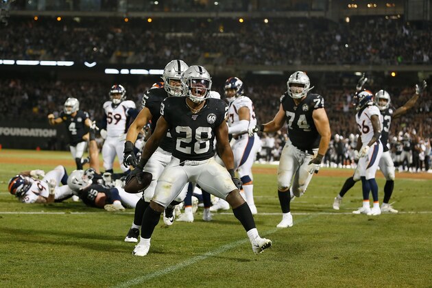 OAKLAND, CALIFORNIA - SEPTEMBER 09: Josh Jacobs #28 of the Oakland Raiders celebrates after scoring his second touchdown of the game in the fourth quarter against the Denver Broncos at RingCentral Coliseum on September 09, 2019 in Oakland, California. (Photo by Lachlan Cunningham/Getty Images)