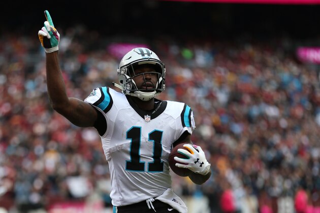 LANDOVER, MD - OCTOBER 14: Wide receiver Torrey Smith #11 of the Carolina Panthers celebrates his touchdown after a pass reception in the fourth quarter against the Washington Redskins at FedExField on October 14, 2018 in Landover, Maryland. (Photo by Will Newton/Getty Images)