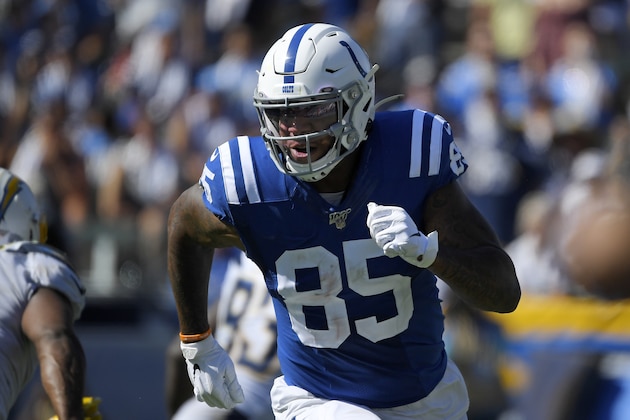 Indianapolis Colts tight end Eric Ebron runs a play during the second half of an NFL football game against the Los Angeles Chargers Sunday, Sept. 8, 2019, in Carson, Calif. (AP Photo/Mark J. Terrill)