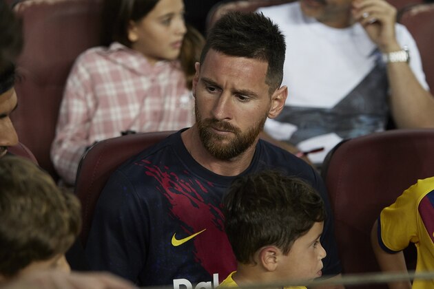 BARCELONA, SPAIN - AUGUST 25: Lionel Messi of FC Barcelona looks on prior to the Liga match between FC Barcelona and Real Betis Balompie at Camp Nou on August 25, 2019 in Barcelona, Spain. (Photo by Quality Sport Images/Getty Images)
