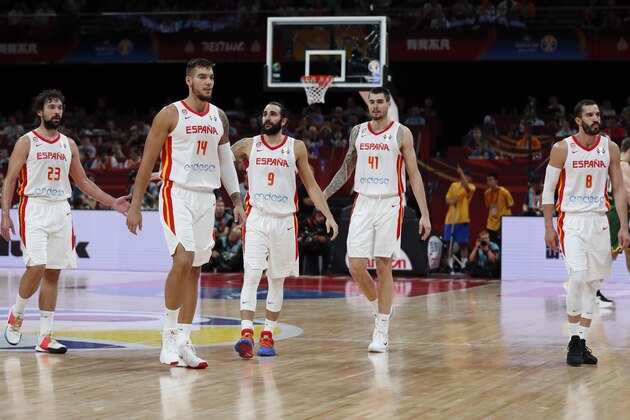 BEIJING, CHINA - SEPTEMBER 13: Team of Spain celebrate after their team's win against Australia during the semi-finals of 2019 FIBA World Cup match between Spain and Australia at Beijing Wukesong Sport Arena on September 13, 2019 in Beijing, China. (Photo by Fred Lee/Getty Images)