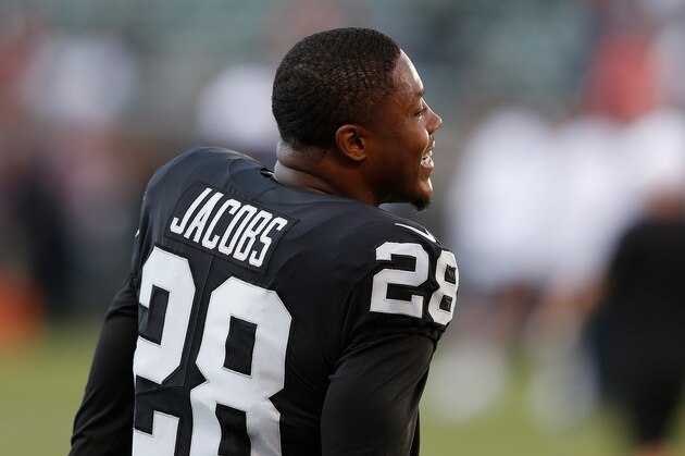 OAKLAND, CALIFORNIA - SEPTEMBER 09: Josh Jacobs #28 of the Oakland Raiders looks on during the warm up before the game against the Denver Broncos at RingCentral Coliseum on September 09, 2019 in Oakland, California. (Photo by Lachlan Cunningham/Getty Images)