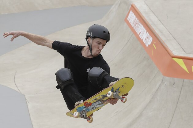Shaun White of the US competes during the Skate Park World Championship in Sao Paulo, Brazil, Friday, Sept. 13, 2019. (AP Photo/Andre Penner)