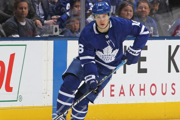 TORONTO, ON - APRIL 15:  Mitchell Marner #16 of the Toronto Maple Leafs skates with the puck against the Boston Bruins in Game Three of the Eastern Conference First Round during the 2019 NHL Stanley Cup Playoffs at Scotiabank Arena on April 15, 2019 in Toronto, Ontario, Canada. The Maple Leafs defeated the Bruins 3-2. (Photo by Claus Andersen/Getty Images)