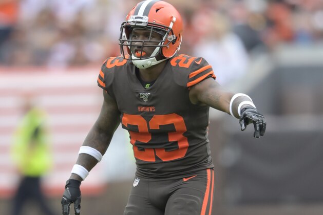 Cleveland Browns strong safety Damarious Randall (23) lines up in the first half of an NFL football game against the Tennessee Titans, Sunday, Sept. 8, 2019, in Cleveland. Tennessee won 43-13. (AP Photo/David Richard)