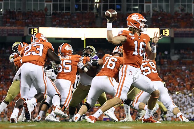 CLEMSON, SOUTH CAROLINA - AUGUST 29: Quarterback Trevor Lawrence #16 of the Clemson Tigers attempts a pass against the Georgia Tech Yellow Jackets during the football game at Memorial Stadium on August 29, 2019 in Clemson, South Carolina. (Photo by Mike Comer/Getty Images)