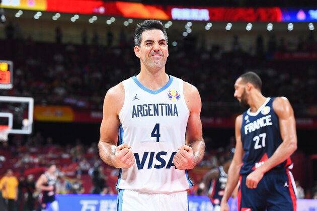 BEIJING, CHINA - SEPTEMBER 13: Luis Scola #4 of Argentina celebrates after a win against France during the 2019 FIBA World Cup Semi-Finals at the Wukesong Sport Arena on September 13, 2019 in Beijing, China.  NOTE TO USER: User expressly acknowledges and agrees that, by downloading and/or using this Photograph, user is consenting to the terms and conditions of the Getty Images License Agreement. Mandatory Copyright Notice: Copyright 2019 NBAE (Photo by Garrett Ellwood/NBAE via Getty Images)