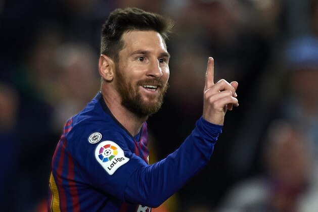 BARCELONA, SPAIN - APRIL 27: Lionel Messi of Barcelona celebrates after scoring his team's first goal during the La Liga match between FC Barcelona and Levante UD at Camp Nou on April 27, 2019 in Barcelona, Spain. (Photo by Quality Sport Images/Getty Images)