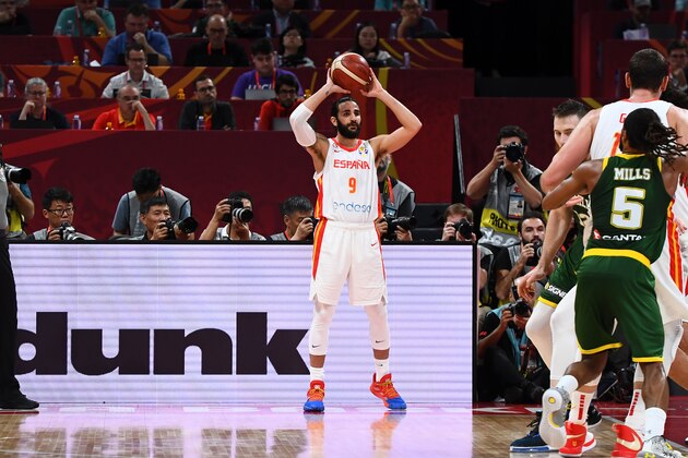 BEIJING, CHINA - SEPTEMBER 13: Ricky Rubio #9 of Spain handles the ball against Australia during the 2019 FIBA World Cup Semi-Finals at the Wukesong Sport Arena on September 13, 2019 in Beijing, China.  NOTE TO USER: User expressly acknowledges and agrees that, by downloading and/or using this Photograph, user is consenting to the terms and conditions of the Getty Images License Agreement. Mandatory Copyright Notice: Copyright 2019 NBAE (Photo by Garrett Ellwood/NBAE via Getty Images)