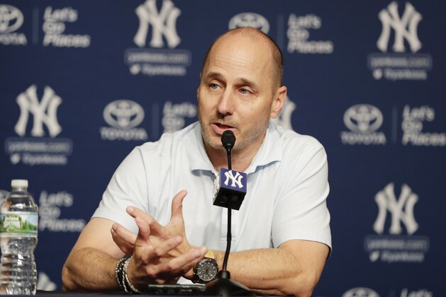 New York Yankees General Manager Brian Cashman speaks during a news conference before a baseball game against the Baltimore Orioles Tuesday, July 31, 2018, in New York. (AP Photo/Frank Franklin II)