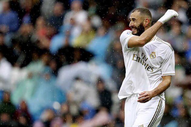 MADRID, SPAIN - SEPTEMBER 14: Karim Benzema of Real Madrid celebrates during the La Liga Santander  match between Real Madrid v Levante at the Santiago Bernabeu on September 14, 2019 in Madrid Spain (Photo by David S. Bustamante/Soccrates/Getty Images)