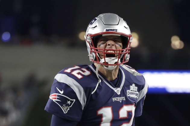 New England Patriots quarterback Tom Brady charges onto the field to warm up before an NFL football game against the Pittsburgh Steelers, Sunday, Sept. 8, 2019, in Foxborough, Mass. (AP Photo/Elise Amendola)