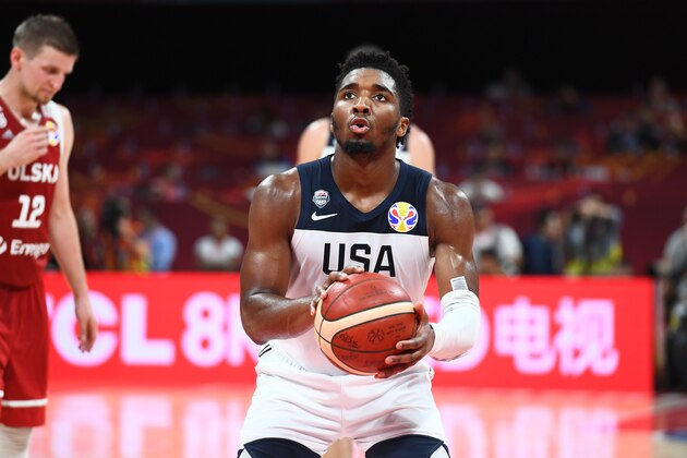 BEIJING, CHINA - SEPTEMBER 14: Donovan Mitchell #5 of Team USA shoots free throws against Team Poland during the 2019 FIBA World Cup Classification 7-8 at the Cadillac Arena on September 14, 2019 in Beijing, China.  NOTE TO USER: User expressly acknowledges and agrees that, by downloading and/or using this Photograph, user is consenting to the terms and conditions of the Getty Images License Agreement. Mandatory Copyright Notice: Copyright 2019 NBAE (Photo by Garrett W. Ellwood/NBAE via Getty Images)