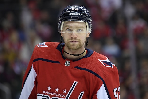 Washington Capitals center Evgeny Kuznetsov (92), of Russia, stands on the ice during the first period of an NHL hockey game against the Minnesota Wild, Friday, March 22, 2019, in Washington. (AP Photo/Nick Wass)