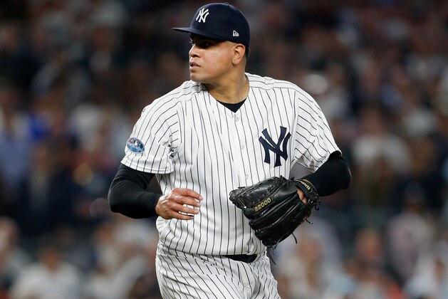 NEW YORK, NY - OCTOBER 03:  (NEW YORK DAILIES OUT)   Dellin Betances #68 of the New York Yankees in action against the Oakland Athletics in the American League Wild Card Game at Yankee Stadium on October 3, 2018 in the Bronx borough of New York City. The Yankees defeated the Athletics 7-2.  (Photo by Jim McIsaac/Getty Images)