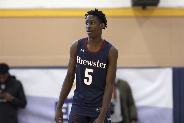 Brewster Academy's Terrence Clarke #5 is seen against Westtown School during a high school basketball game on Sunday, January 13, 2019 in the Bronx, NY. (AP Photo/Gregory Payan)