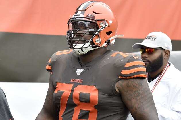 CLEVELAND, OHIO - SEPTEMBER 08: Offensive tackle Greg Robinson #78 of the Cleveland Browns walks off the field after being ejected from the game during the first half against the Tennessee Titans at FirstEnergy Stadium on September 08, 2019 in Cleveland, Ohio. (Photo by Jason Miller/Getty Images)