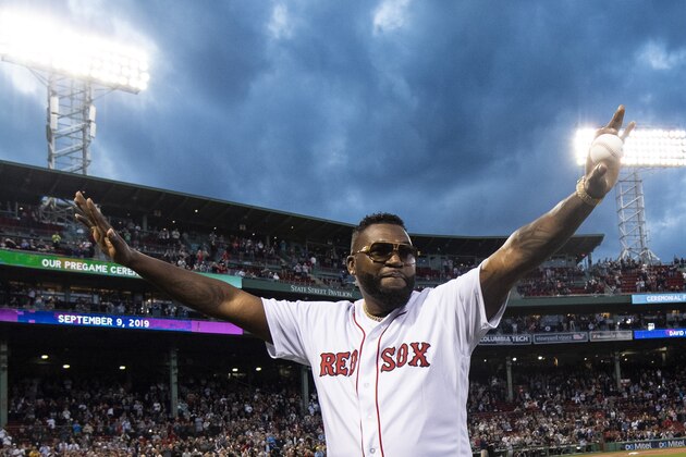 BOSTON, MA - SEPTEMBER 9: Former designated hitter David Ortiz #34 of the Boston Red Sox is introduced before throwing out a ceremonial first pitch as he returns to Fenway Park before a game against the New York Yankees on September 9, 2019 at Fenway Park in Boston, Massachusetts. (Photo by Billie Weiss/Boston Red Sox/Getty Images)