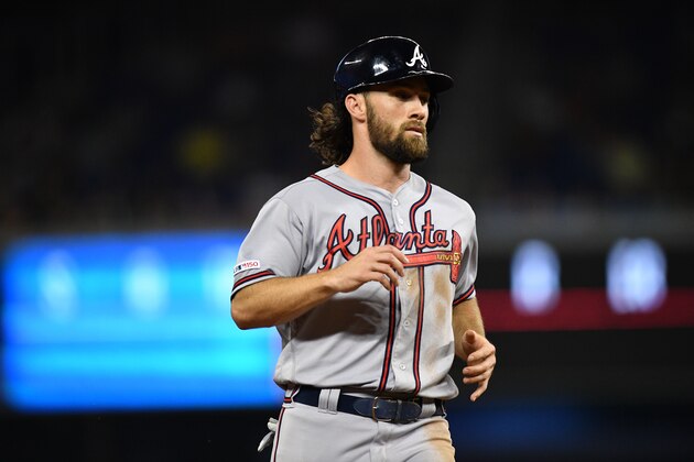 MIAMI, FL - AUGUST 10: Charlie Culberson #8 of the Atlanta Braves in action during the game against the Miami Marlins at Marlins Park on August 10, 2019 in Miami, Florida. (Photo by Mark Brown/Getty Images)