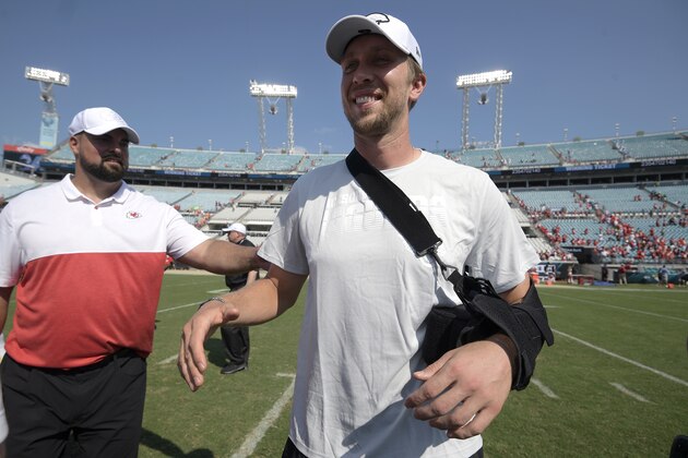 Injured Jacksonville Jaguars quarterback Nick Foles stands on the field after an NFL football game against the Kansas City Chiefs Sunday, Sept. 8, 2019, in Jacksonville, Fla. (AP Photo/Phelan M. Ebenhack)