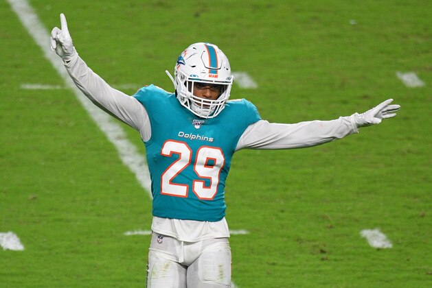 MIAMI, FL - AUGUST 22: Minkah Fitzpatrick #29 of the Miami Dolphins celebrates during the preseason game against the Jacksonville Jaguars at Hard Rock Stadium on August 22, 2019 in Miami, Florida. (Photo by Mark Brown/Getty Images)