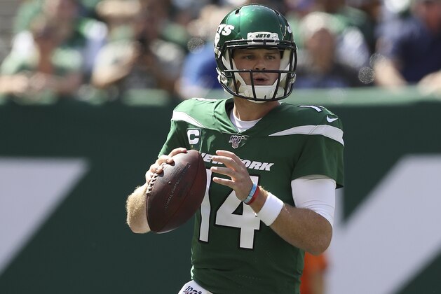 New York Jets quarterback Sam Darnold (14) looks to make a pass during an NFL football game against the Buffalo Bills, Sunday, Sept. 8, 2019, in East Rutherford, N.J. The Buffalo Bills won 17-16. (AP Photo/Steve Luciano)