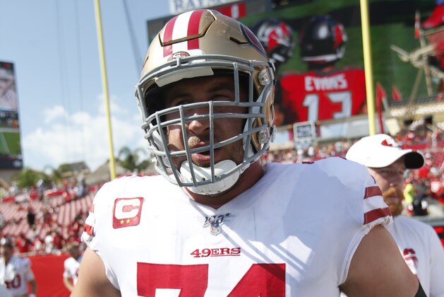 TAMPA, FL - SEPTERMBER 8: Joe Staley #74 of the San Francisco 49ers stands on the field prior to the game against the Tampa Bay Buccaneers at Raymond James Stadium on September 8, 2019 in Tampa, Florida. The 49ers defeated the Buccaneers 31-17. (Photo by Michael Zagaris/San Francisco 49ers/Getty Images)