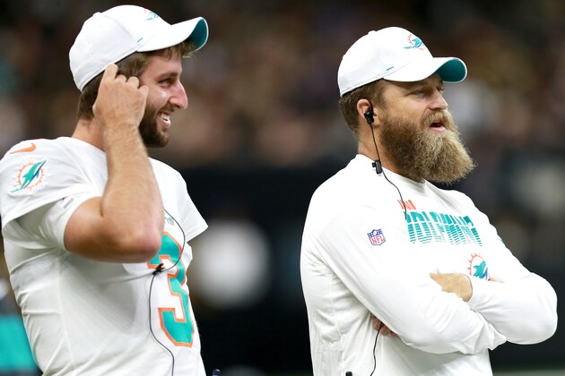 NEW ORLEANS, LOUISIANA - AUGUST 29: Josh Rosen #3 of the Miami Dolphins and Ryan Fitzpatrick #14 of the Miami Dolphins look on during a NFL preseason game against the New Orleans Saints at the Mercedes Benz Superdome on August 29, 2019 in New Orleans, Louisiana. (Photo by Sean Gardner/Getty Images)