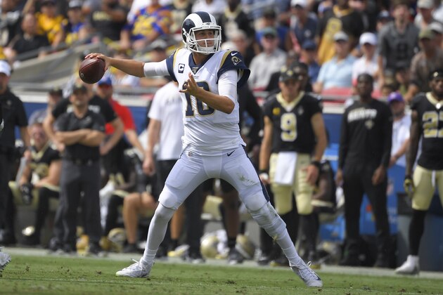 Los Angeles Rams quarterback Jared Goff passes against the New Orleans Saints- during the first half of an NFL football game Sunday, Sept. 15, 2019, in Los Angeles. (AP Photo/Mark J. Terrill)