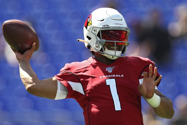 BALTIMORE, MARYLAND - SEPTEMBER 15: Quarterback Kyler Murray #1 of the Arizona Cardinals throws the ball during warmups before playing against the Baltimore Ravens at M&T Bank Stadium on September 15, 2019 in Baltimore, Maryland. (Photo by Patrick Smith/Getty Images)