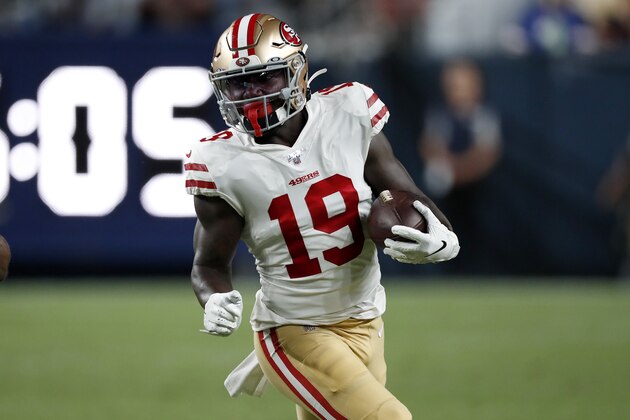 San Francisco 49ers wide receiver Deebo Samuel (19) runs the ball against the Denver Broncos during the second half of an NFL preseason football game, Monday, Aug. 19, 2019, in Denver. (AP Photo/David Zalubowski)