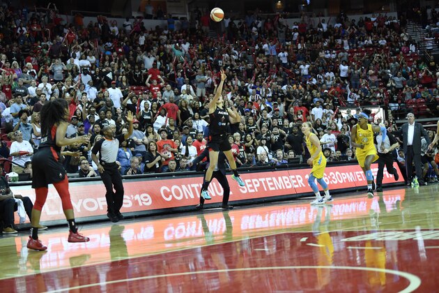 LAS VEGAS, NV - SEPTEMBER 15: Dearica Hamby #5 of the Las Vegas Aces hits the game winning three point basket against the Chicago Sky on September 15, 2019 at the Mandalay Bay Events Center in Las Vegas, Nevada. NOTE TO USER: User expressly acknowledges and agrees that, by downloading and or using this photograph, User is consenting to the terms and conditions of the Getty Images License Agreement. Mandatory Copyright Notice: Copyright 2019 NBAE  (Photo by Jeff Bottari/NBAE via Getty Images)